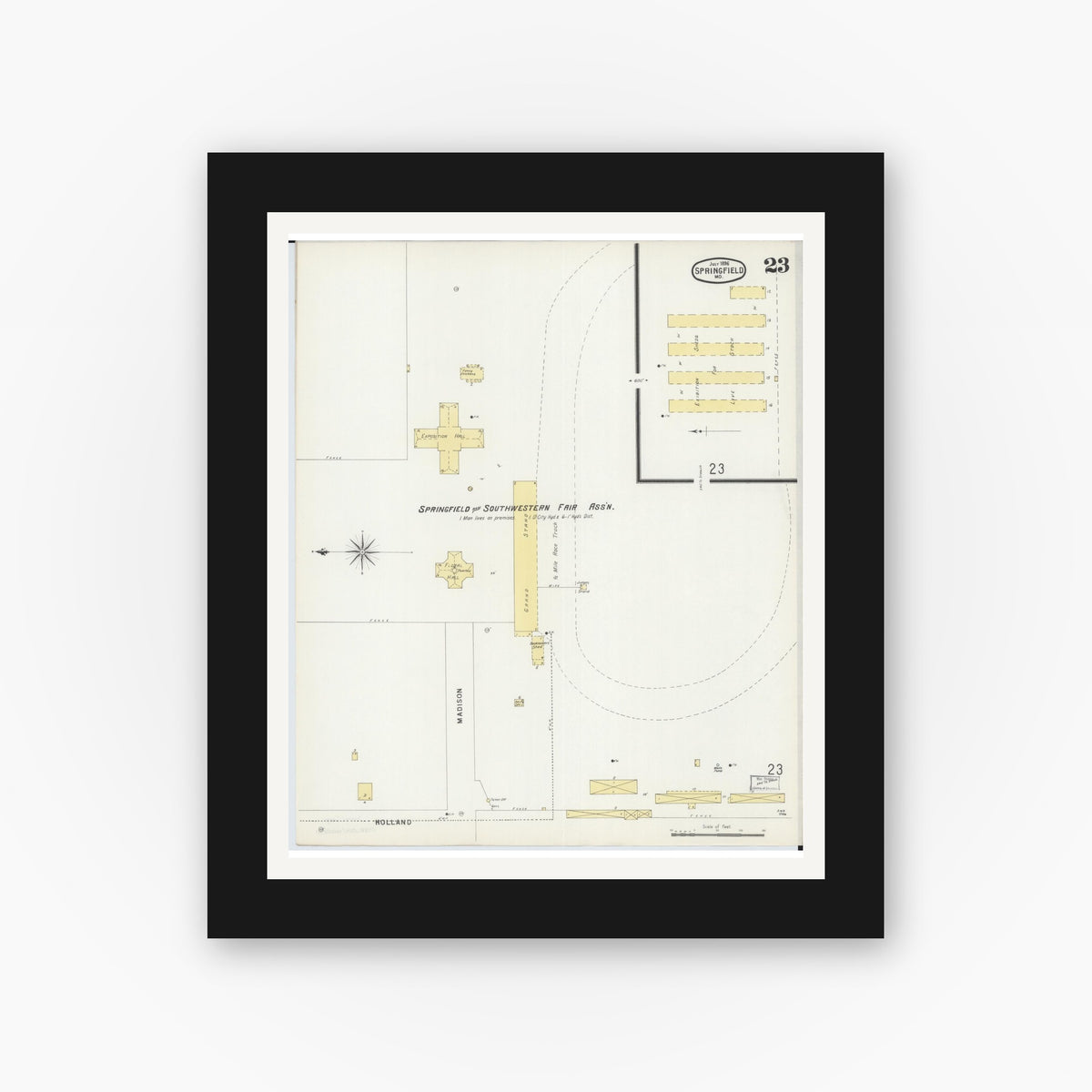 Old map wall art mockup — black gallery frame with white mat — Sanborn Fire Insurance Map from Springfield, Greene County, Missouri (1896), Sheet #0023