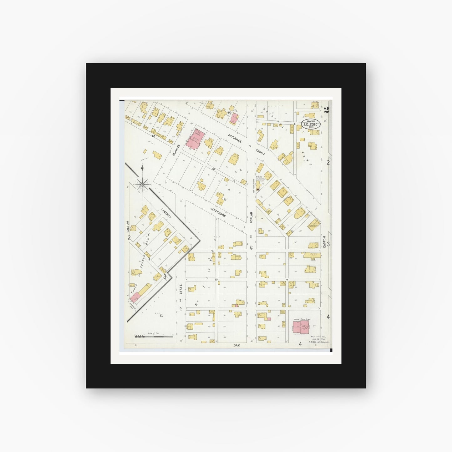 Old map wall art mockup — black gallery frame with white mat — Sanborn Fire Insurance Map from Leipsic, Putnam County, Ohio (1900), Sheet #0002
