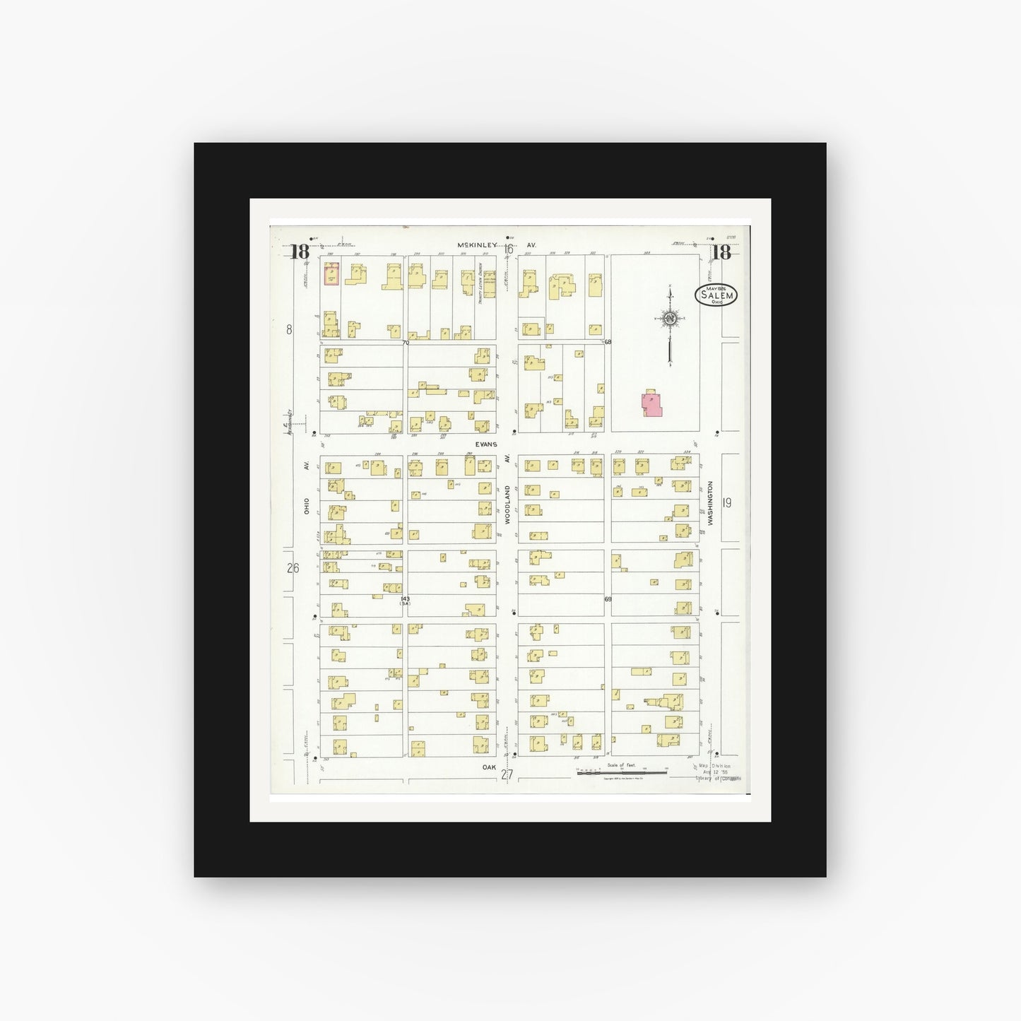 Old map wall art mockup — black gallery frame with white mat — Sanborn Fire Insurance Map from Salem, Columbiana County, Ohio (1926), Sheet #0018