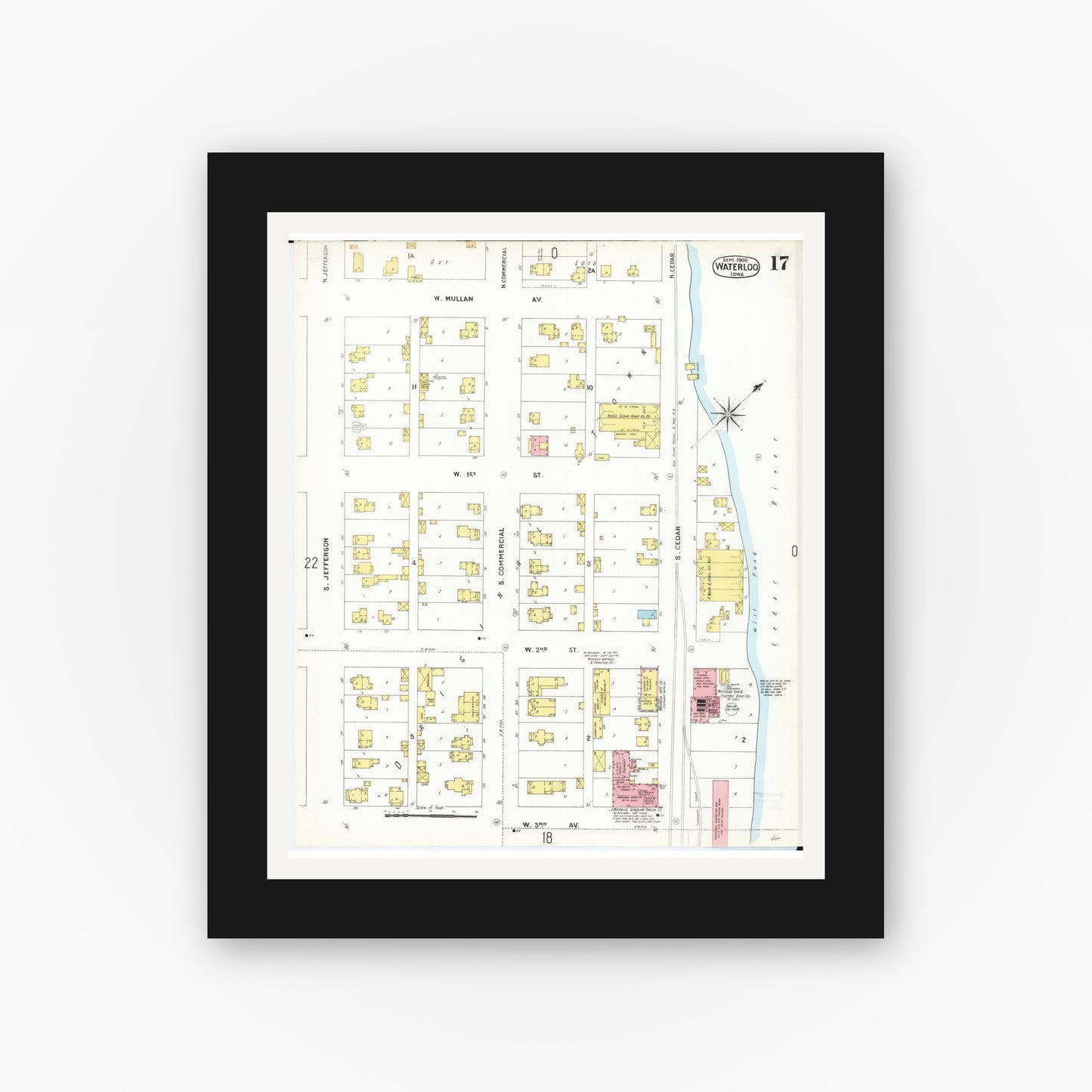 Old map wall art mockup — black gallery frame with white mat — Sanborn Fire Insurance Map from Waterloo, Black Hawk County, Iowa (1900), Sheet #0017