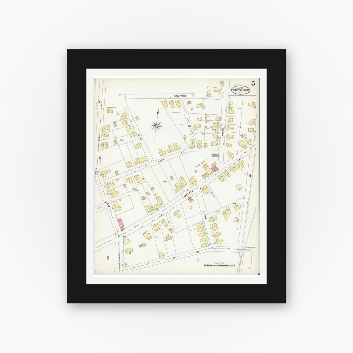 Old map wall art mockup — black gallery frame with white mat — Sanborn Fire Insurance Map from Winston-Salem, Forsyth County, North Carolina (1907), Sheet #0005