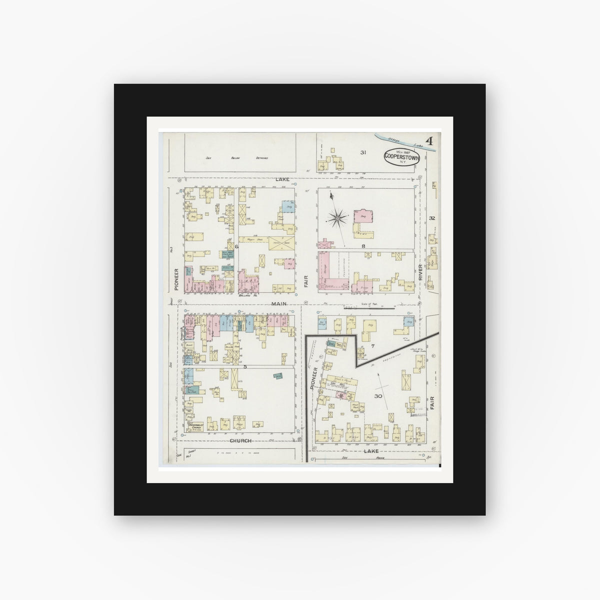 Old map wall art mockup — black gallery frame with white mat — Sanborn Fire Insurance Map from Cooperstown, Otsego County, New York (1887), Sheet #0004