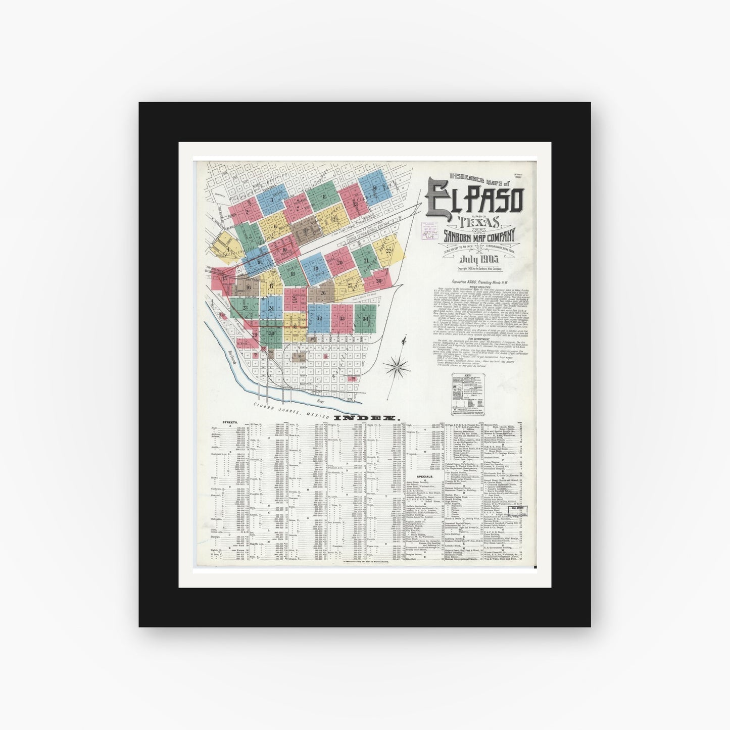 Old map wall art mockup — black gallery frame with white mat — Sanborn Fire Insurance Map from El Paso, El Paso County, Texas (1905) - Complete Map Set
