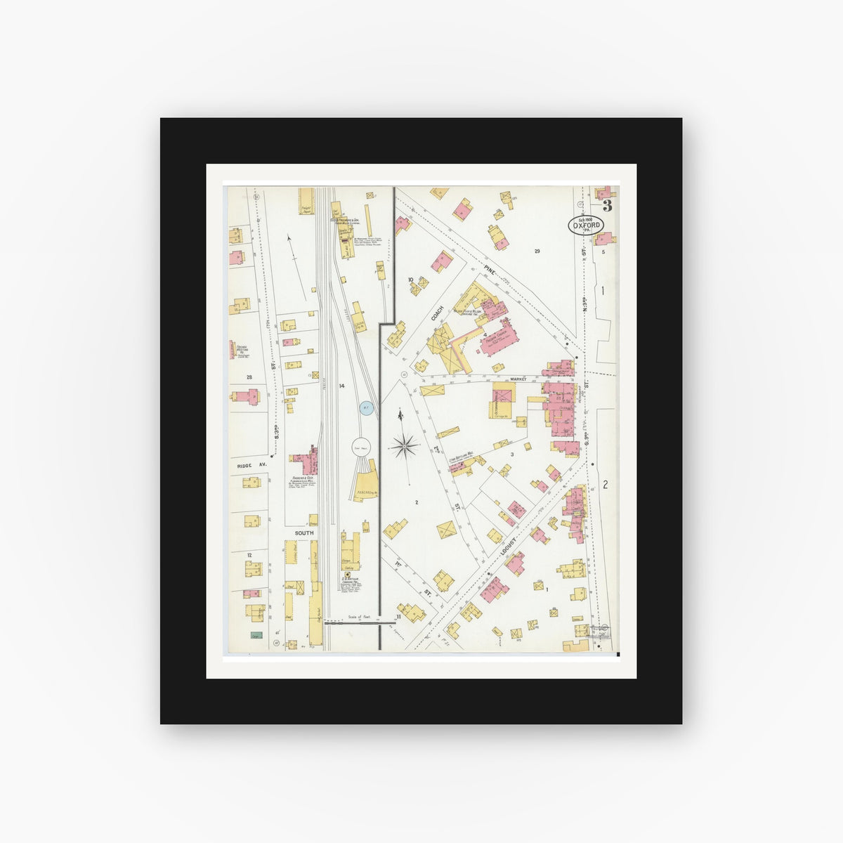 Old map wall art mockup — black gallery frame with white mat — Sanborn Fire Insurance Map from Oxford, Chester County, Pennsylvania (1900), Sheet #0003