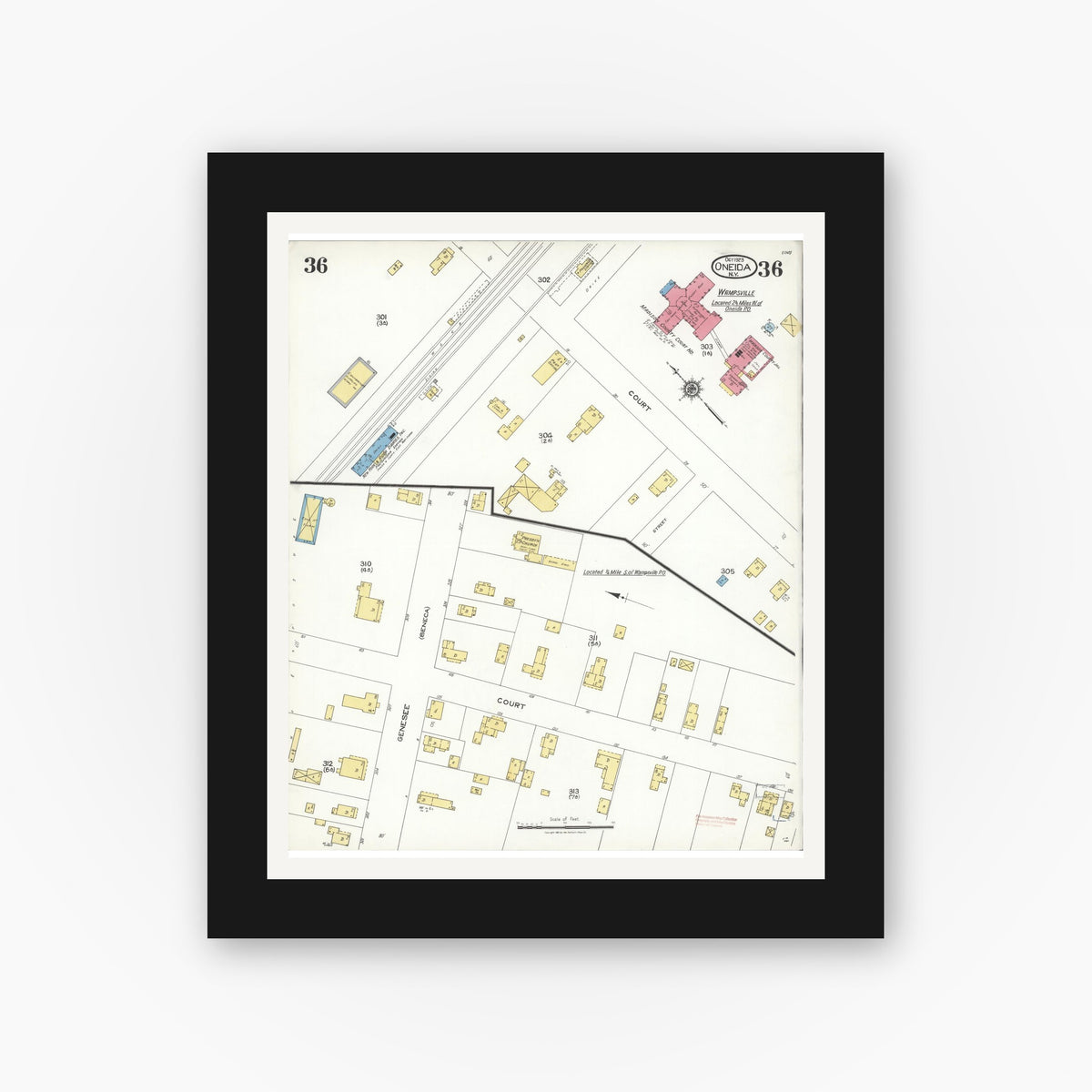 Old map wall art mockup — black gallery frame with white mat — Sanborn Fire Insurance Map from Oneida, Madison County, New York (1923), Sheet #0036