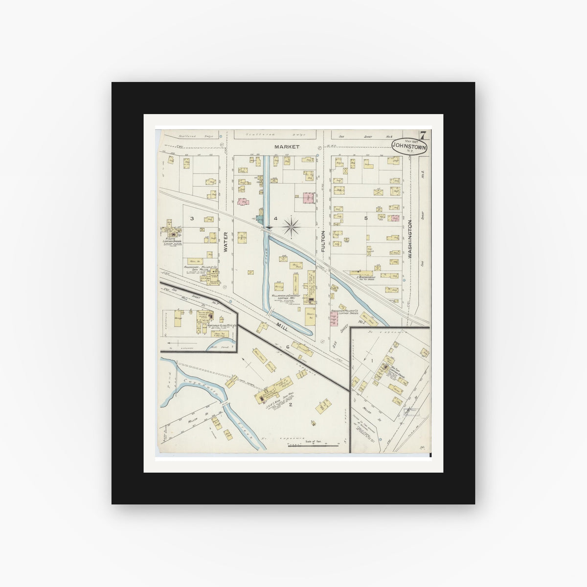 Old map wall art mockup — black gallery frame with white mat — Sanborn Fire Insurance Map from Johnstown, Fulton County, New York (1887), Sheet #0007