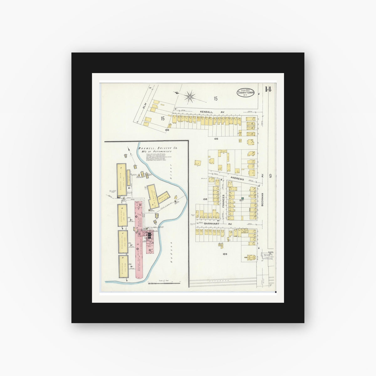 Old map wall art mockup — black gallery frame with white mat — Sanborn Fire Insurance Map from Tarrytown, Westchester County, New York (1909), Sheet #0014
