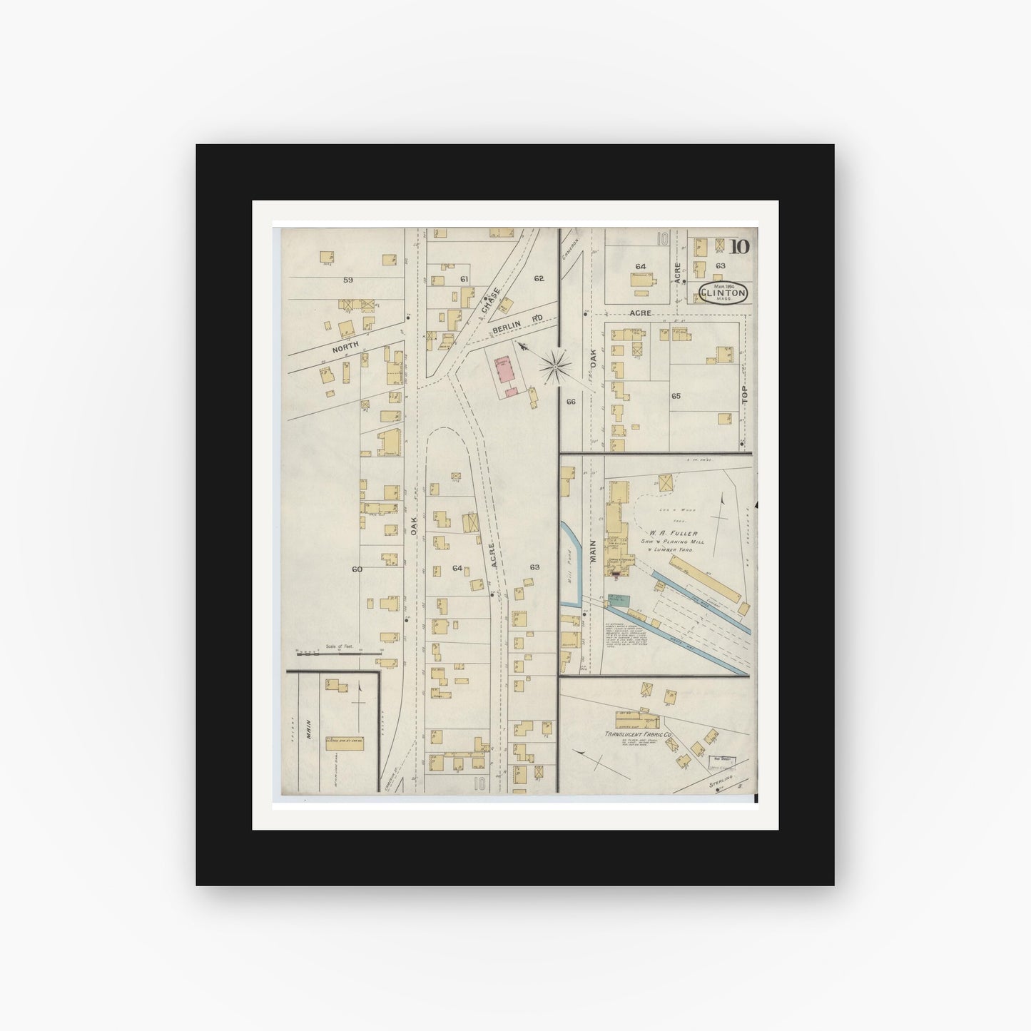 Old map wall art mockup — black gallery frame with white mat — Sanborn Fire Insurance Map from Clinton, Worcester County, Massachusetts (1894), Sheet #0010