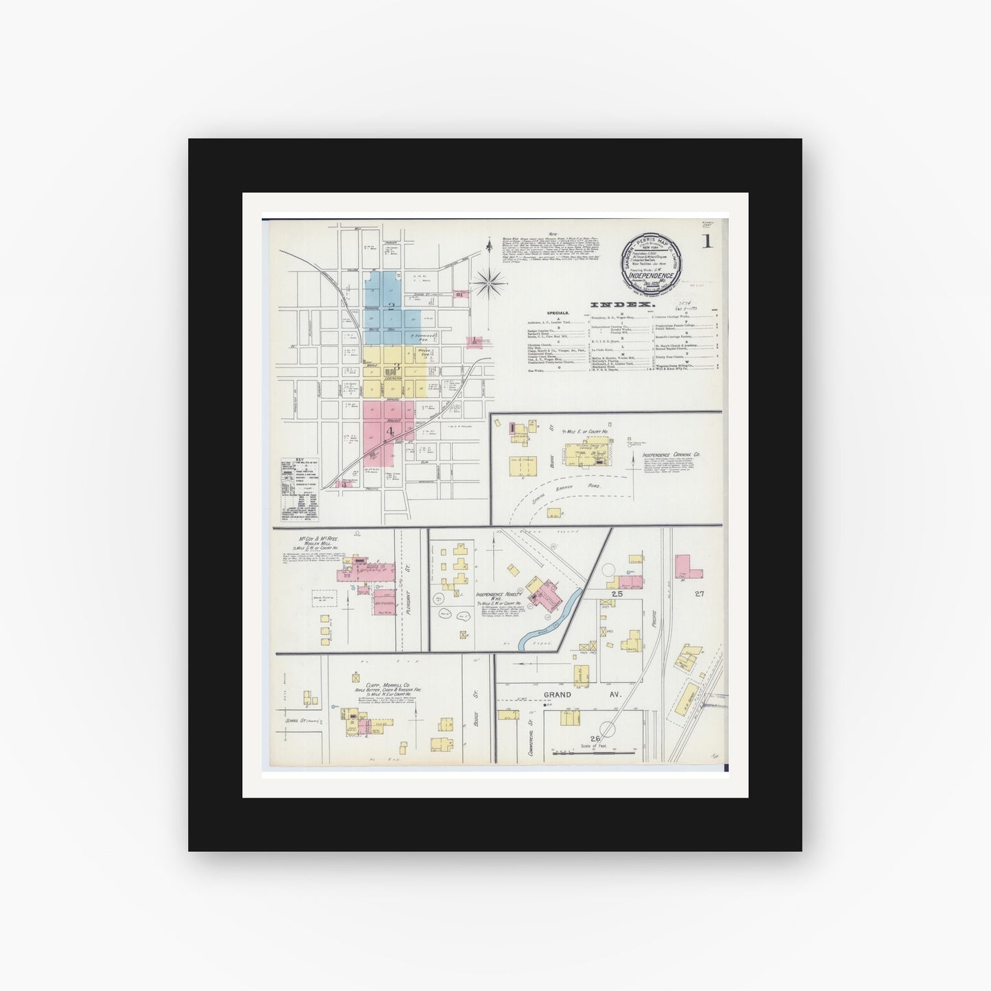 Old map wall art mockup — black gallery frame with white mat — Sanborn Fire Insurance Map from Independence, Jackson County, Missouri (1892) - Complete Map Set