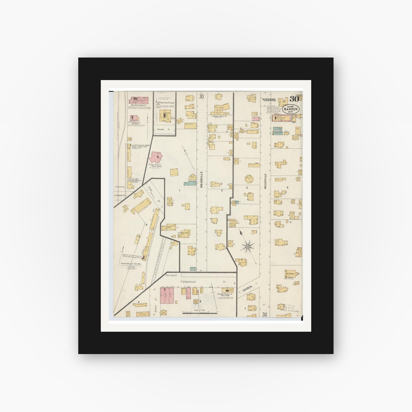 Old map wall art mockup — black gallery frame with white mat — Sanborn Fire Insurance Map from Warren, Trumbull County, Ohio (1902), Sheet #0030
