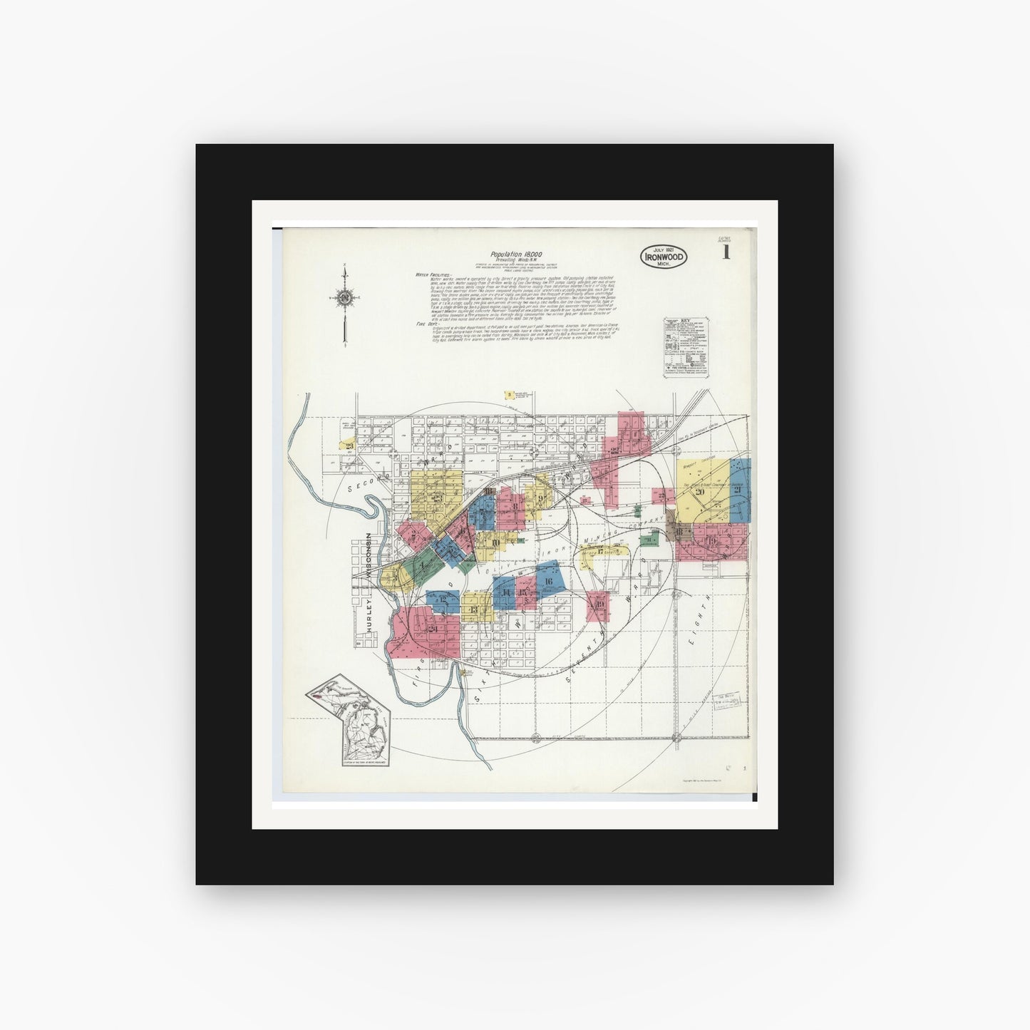 Old map wall art mockup — black gallery frame with white mat — Sanborn Fire Insurance Map from Ironwood, Gogebic County, Michigan (1921) - Complete Map Set