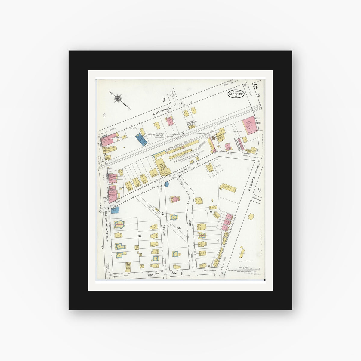 Old map wall art mockup — black gallery frame with white mat — Sanborn Fire Insurance Map from Glenside, Montgomery County, Pennsylvania (1920), Sheet #0005