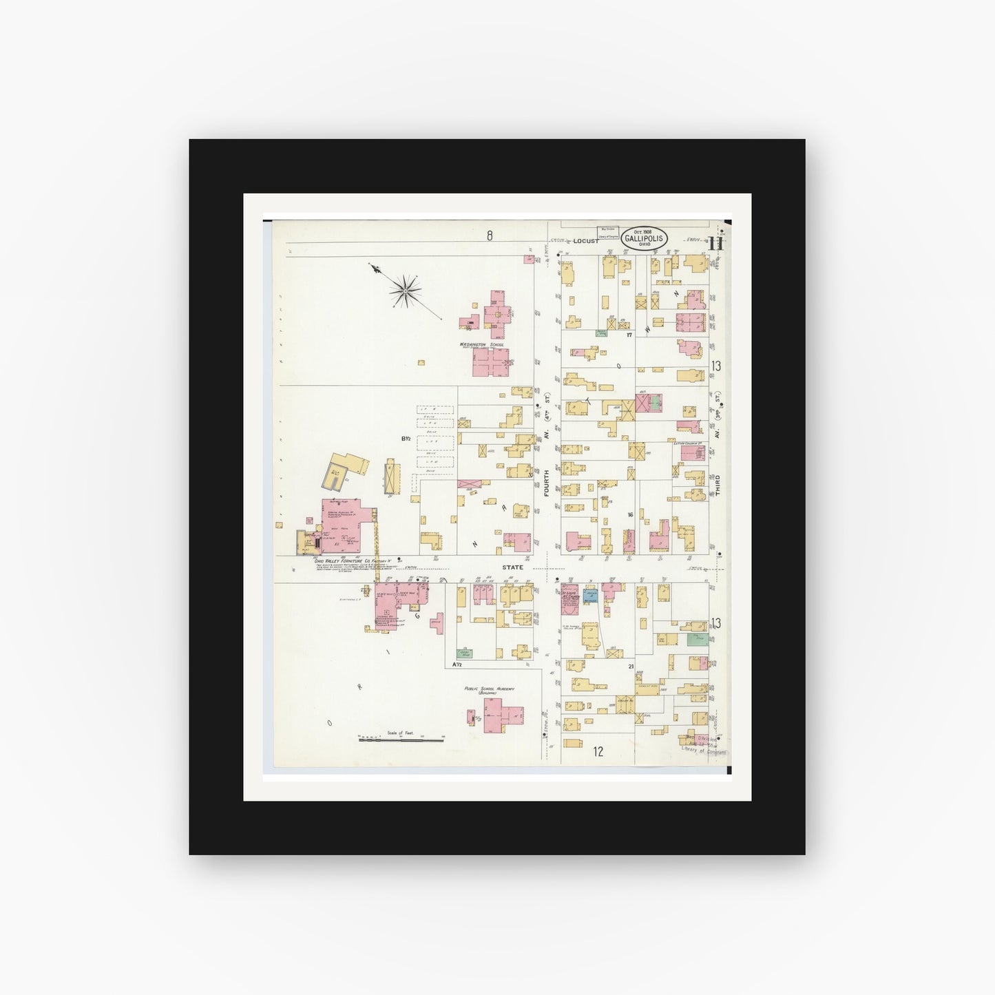 Old map wall art mockup — black gallery frame with white mat — Sanborn Fire Insurance Map from Gallipolis, Gallia County, Ohio (1908), Sheet #0011