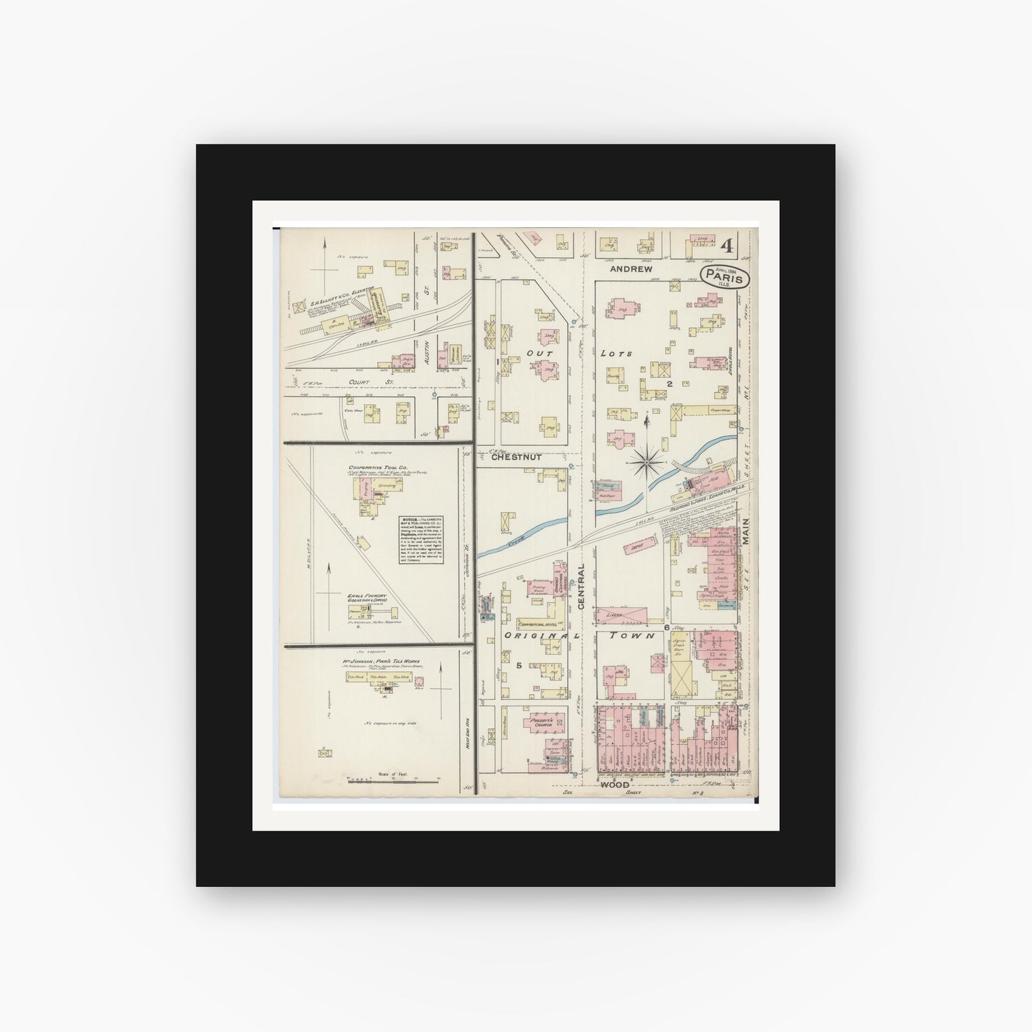 Old map wall art mockup — black gallery frame with white mat — Sanborn Fire Insurance Map from Paris, Edgar County, Illinois (1884), Sheet #0004
