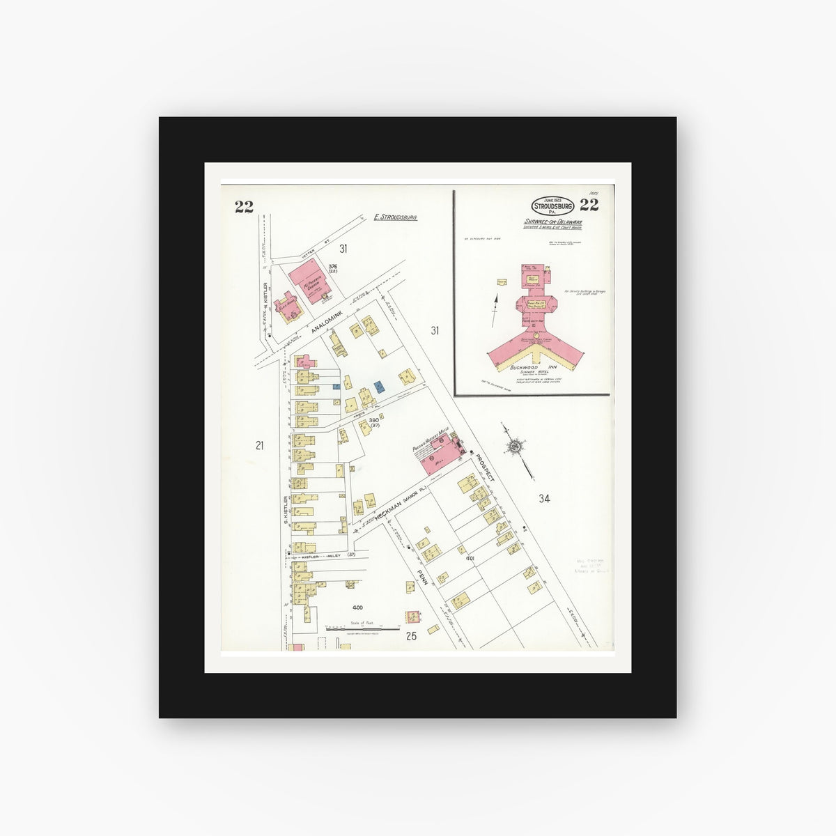 Old map wall art mockup — black gallery frame with white mat — Sanborn Fire Insurance Map from Stroudsburg, Monroe County, Pennsylvania (1923), Sheet #0022