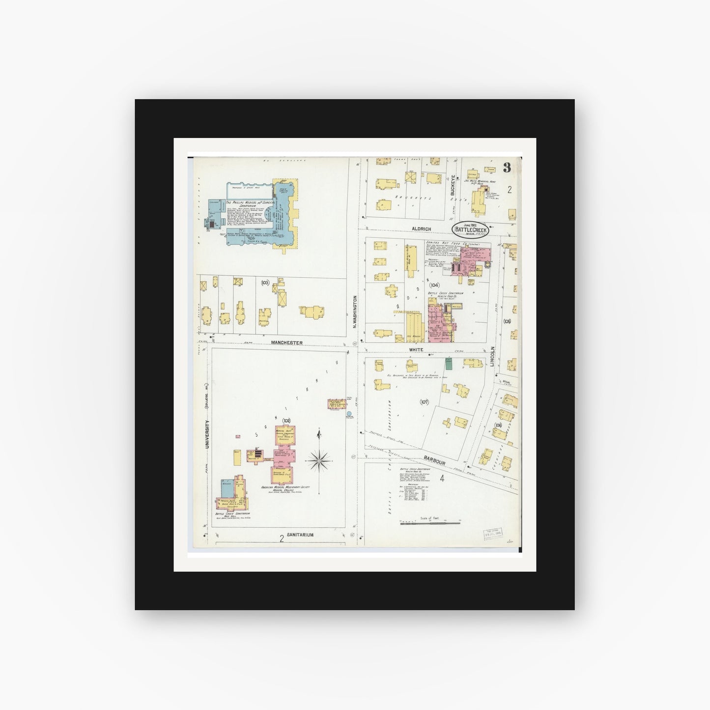 Old map wall art mockup — black gallery frame with white mat — Sanborn Fire Insurance Map from Battle Creek, Calhoun County, Michigan (1902), Sheet #0003