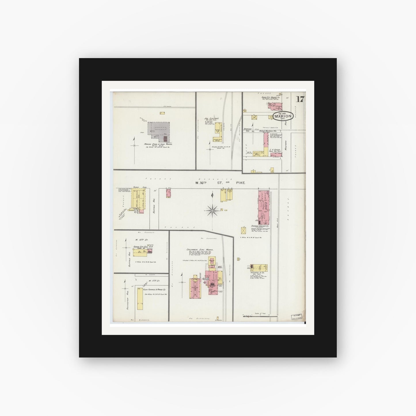 Old map wall art mockup — black gallery frame with white mat — Sanborn Fire Insurance Map from Marion, Grant County, Indiana (1893), Sheet #0017