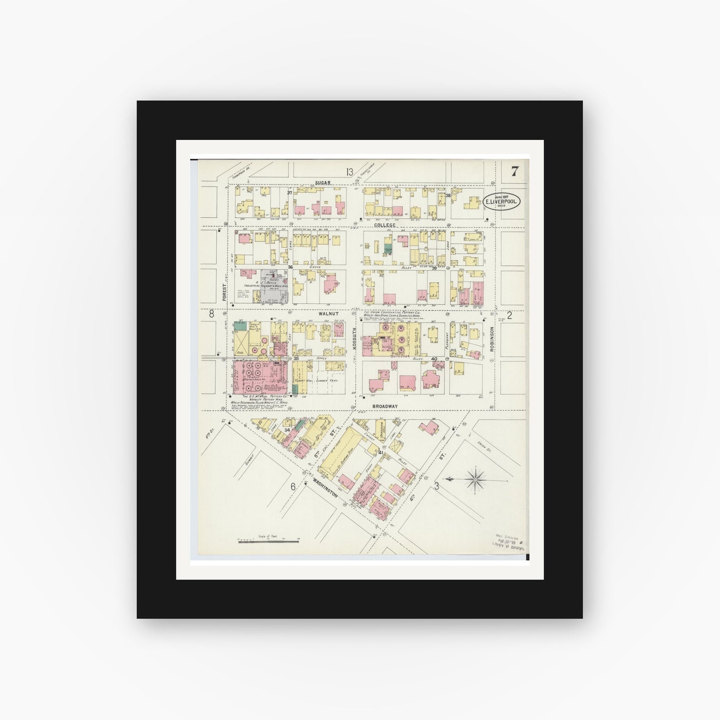 Old map wall art mockup — black gallery frame with white mat — Sanborn Fire Insurance Map from East Liverpool, Columbiana County, Ohio (1897), Sheet #0007