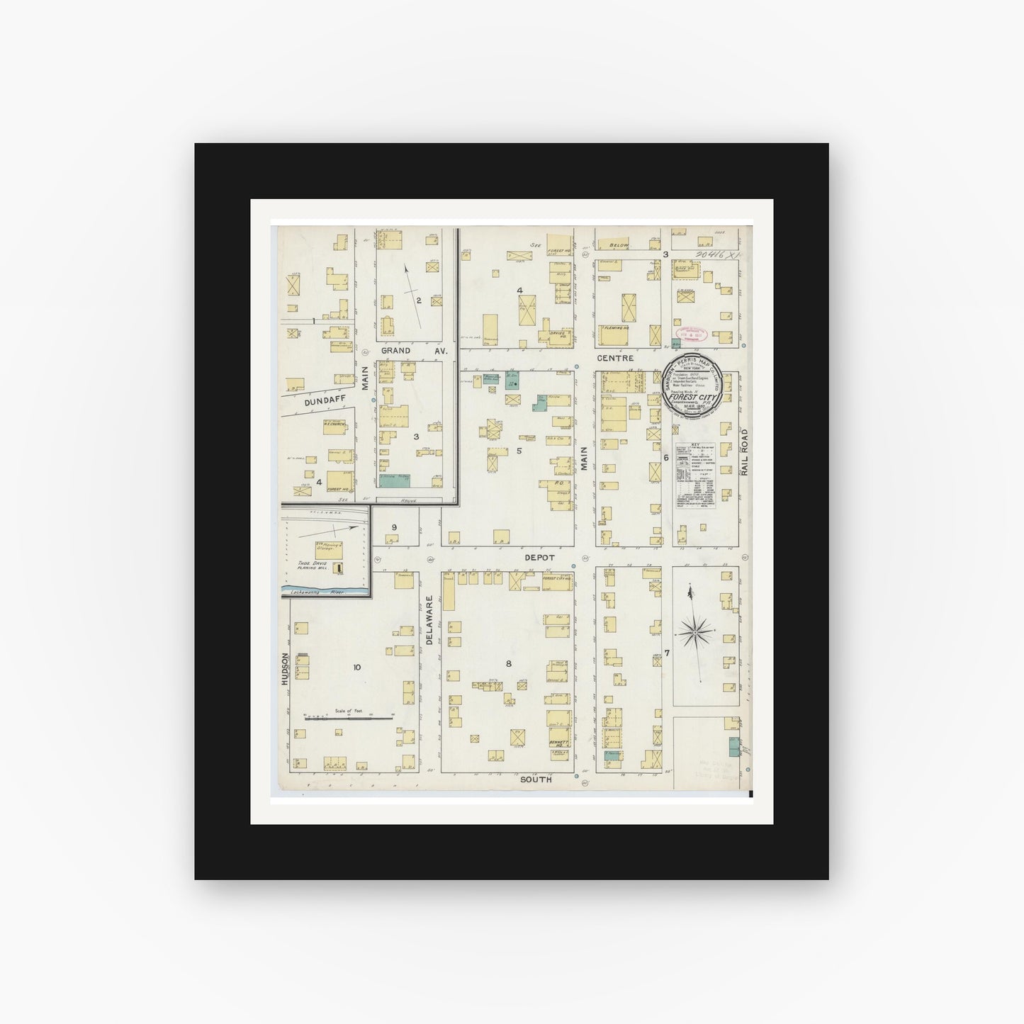 Old map wall art mockup — black gallery frame with white mat — Sanborn Fire Insurance Map from Forest City, Susquehanna County, Pennsylvania (1892), Sheet #0001