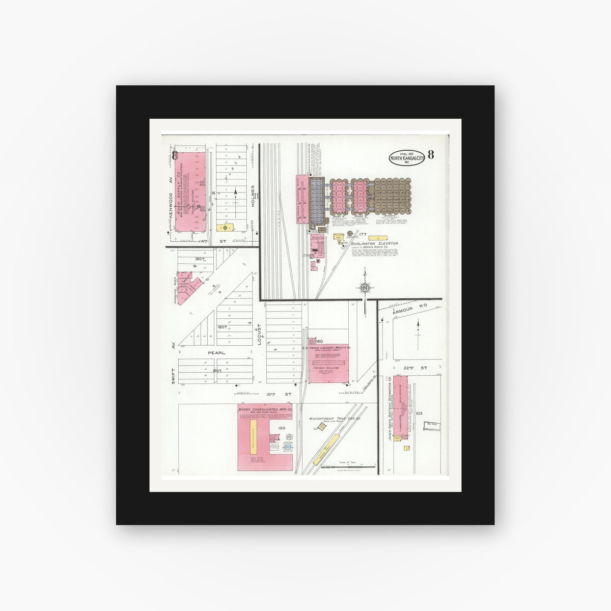 Old map wall art mockup — black gallery frame with white mat — Sanborn Fire Insurance Map from North Kansas City, Clay County, Missouri (1926), Sheet #0008