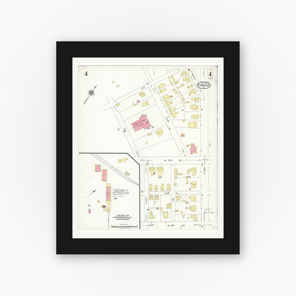 Old map wall art mockup — black gallery frame with white mat — Sanborn Fire Insurance Map from Franklin, Independent Cities, Virginia (1923), Sheet #0004