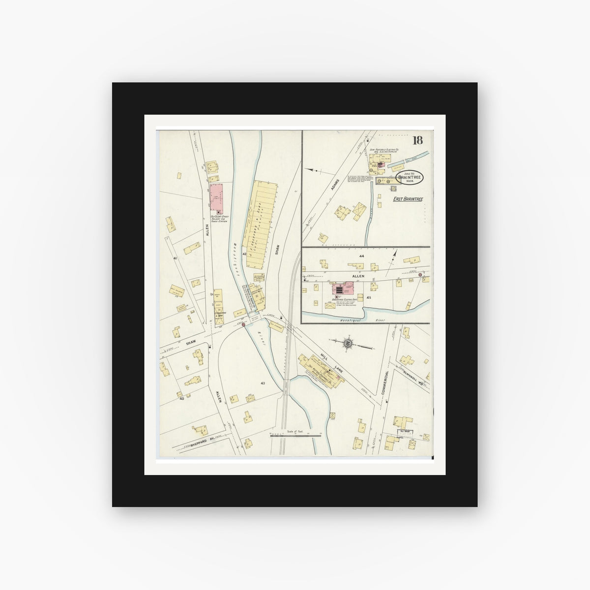 Old map wall art mockup — black gallery frame with white mat — Sanborn Fire Insurance Map from Braintree, Norfolk County, Massachusetts (1911), Sheet #0018