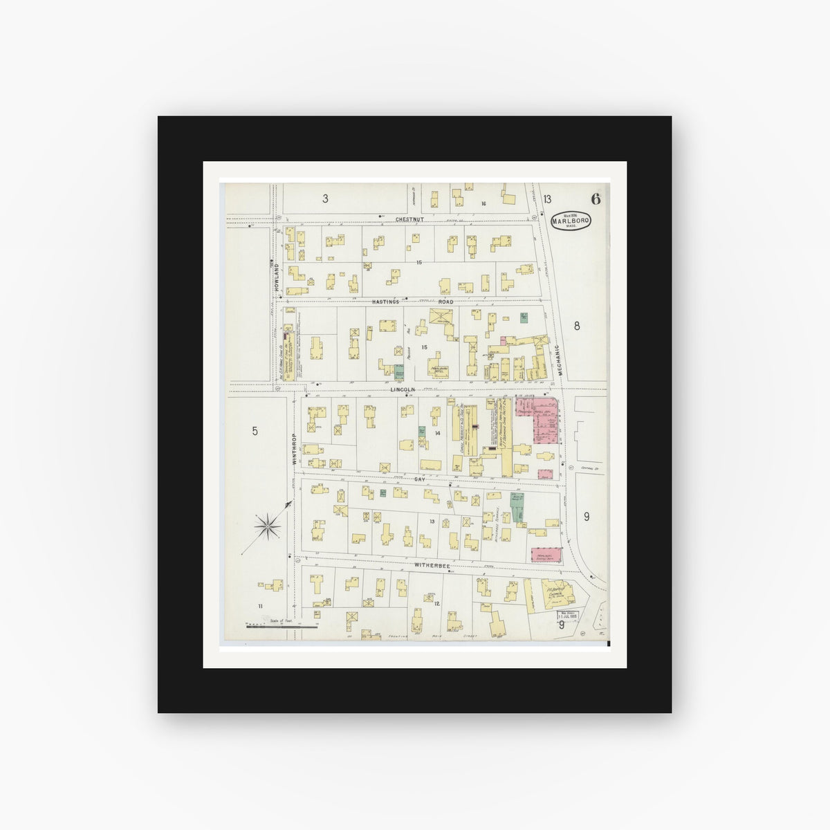 Old map wall art mockup — black gallery frame with white mat — Sanborn Fire Insurance Map from Marlborough, Middlesex County, Massachusetts (1896), Sheet #0006