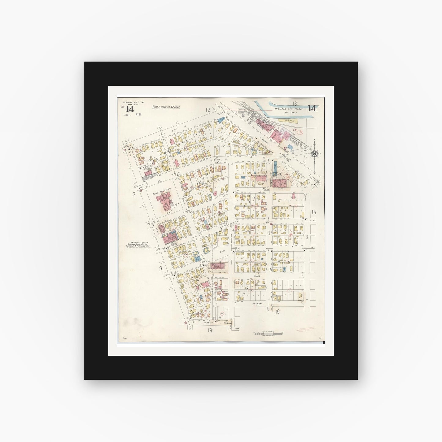Old map wall art mockup — black gallery frame with white mat — Sanborn Fire Insurance Map from Michigan City, La Porte County, Indiana (1948), Sheet #0014