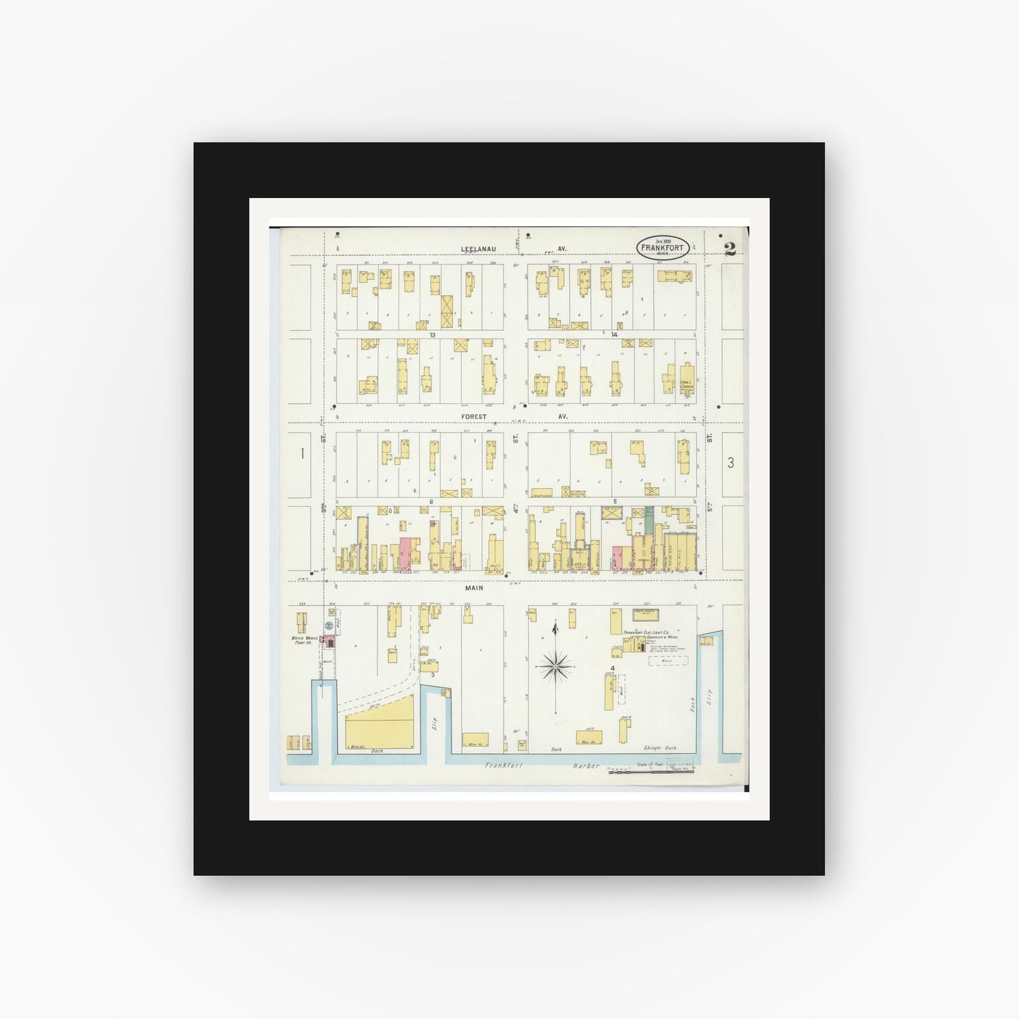 Old map wall art mockup — black gallery frame with white mat — Sanborn Fire Insurance Map from Frankfort, Benzie County, Michigan (1899), Sheet #0002
