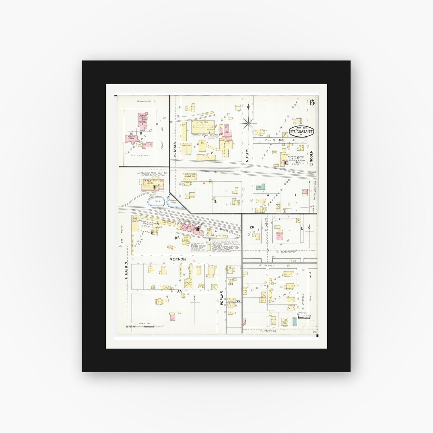 Old map wall art mockup — black gallery frame with white mat — Sanborn Fire Insurance Map from Mount Pleasant, Henry County, Iowa (1892), Sheet #0006