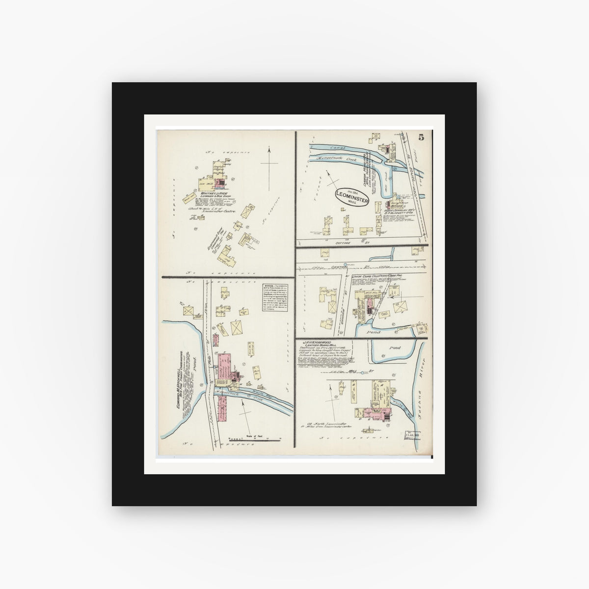 Old map wall art mockup — black gallery frame with white mat — Sanborn Fire Insurance Map from Leominster, Worcester County, Massachusetts (1884), Sheet #0005