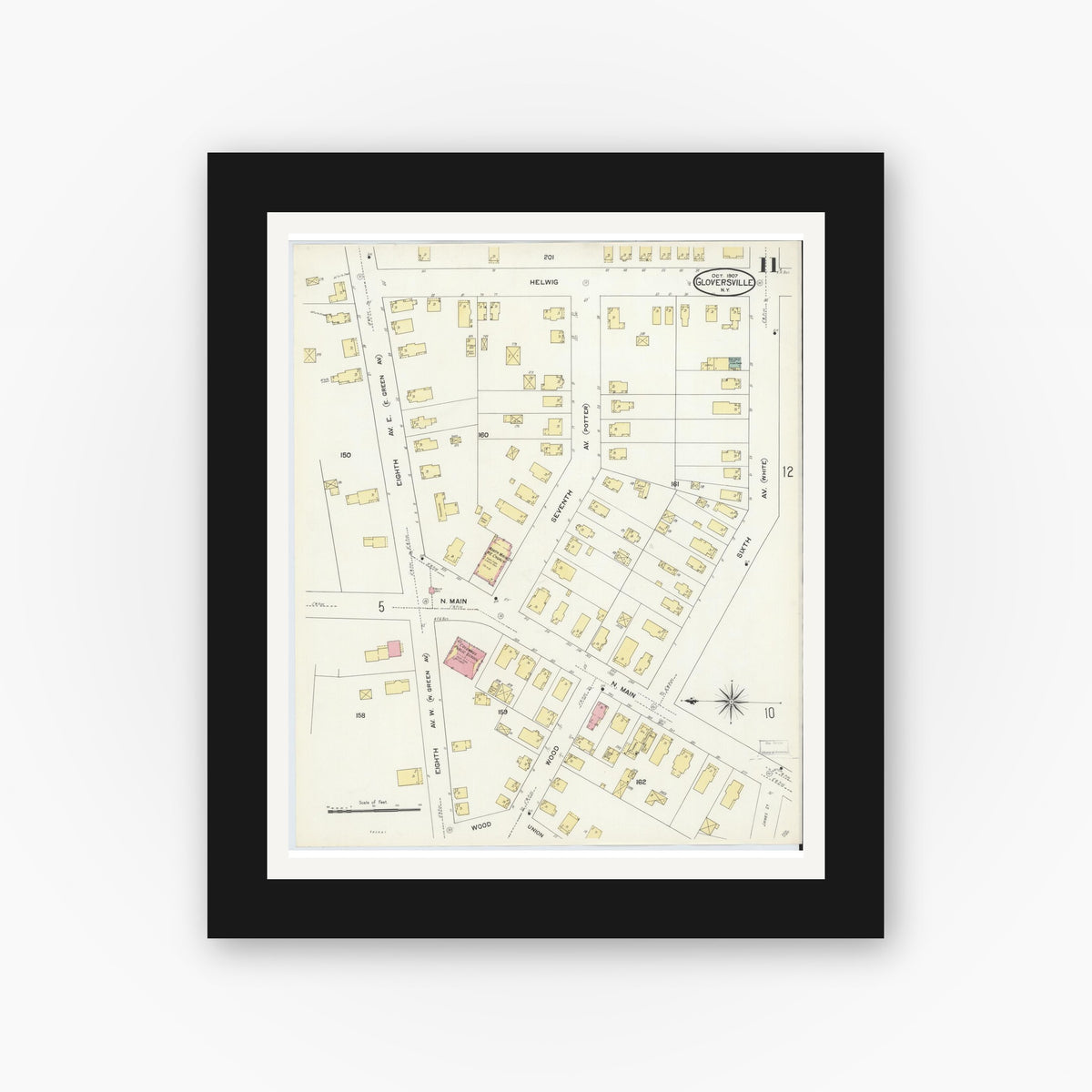 Old map wall art mockup — black gallery frame with white mat — Sanborn Fire Insurance Map from Gloversville, Fulton County, New York (1907), Sheet #0011