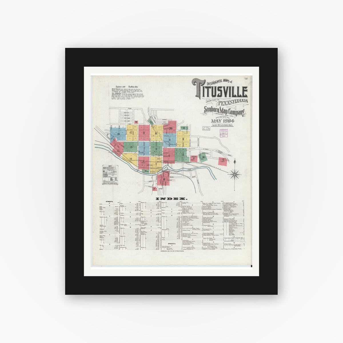 Old map wall art mockup — black gallery frame with white mat — Sanborn Fire Insurance Map from Titusville, Crawford County, Pennsylvania (1904), Sheet #0001