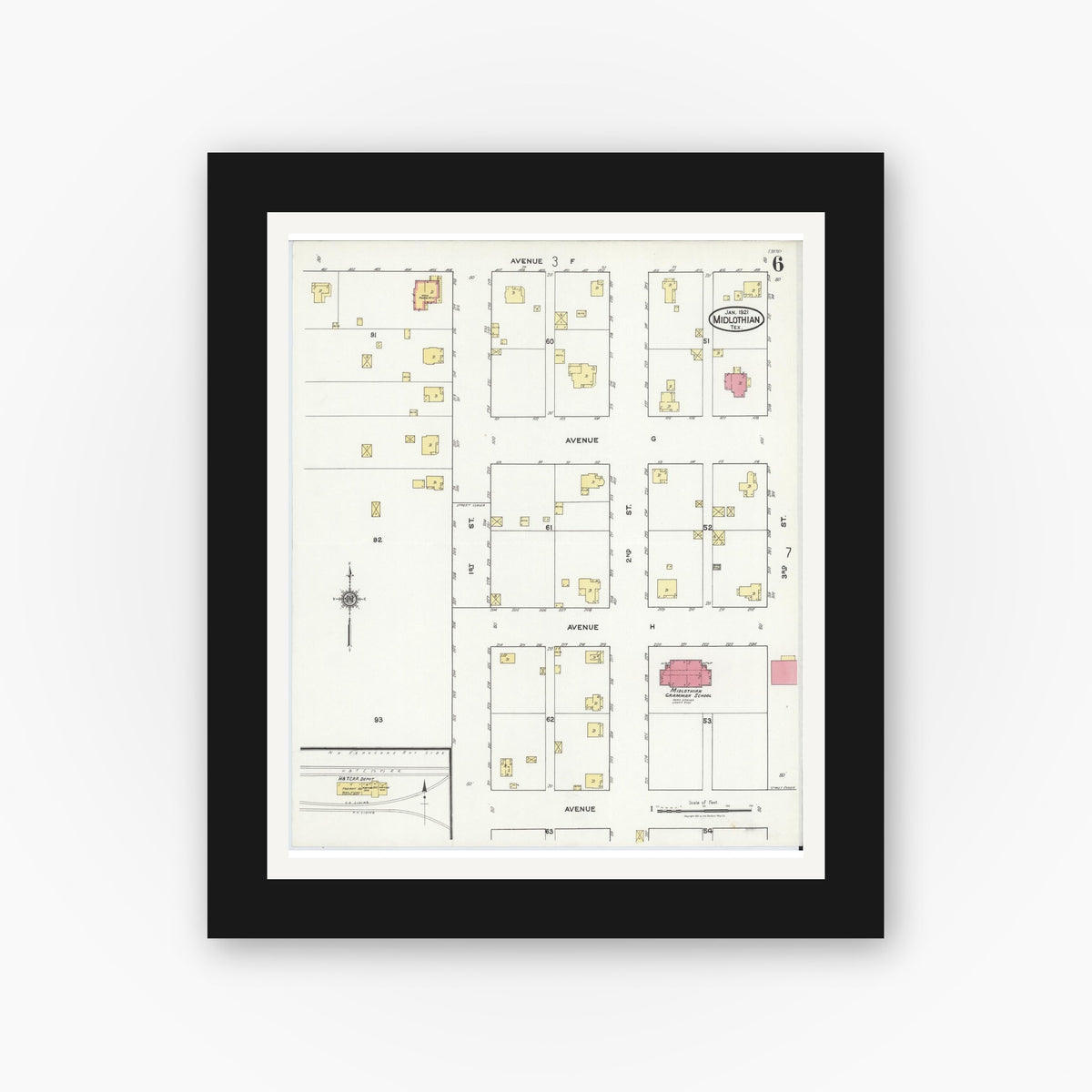 Old map wall art mockup — black gallery frame with white mat — Sanborn Fire Insurance Map from Midlothian, Ellis County, Texas (1921), Sheet #0006