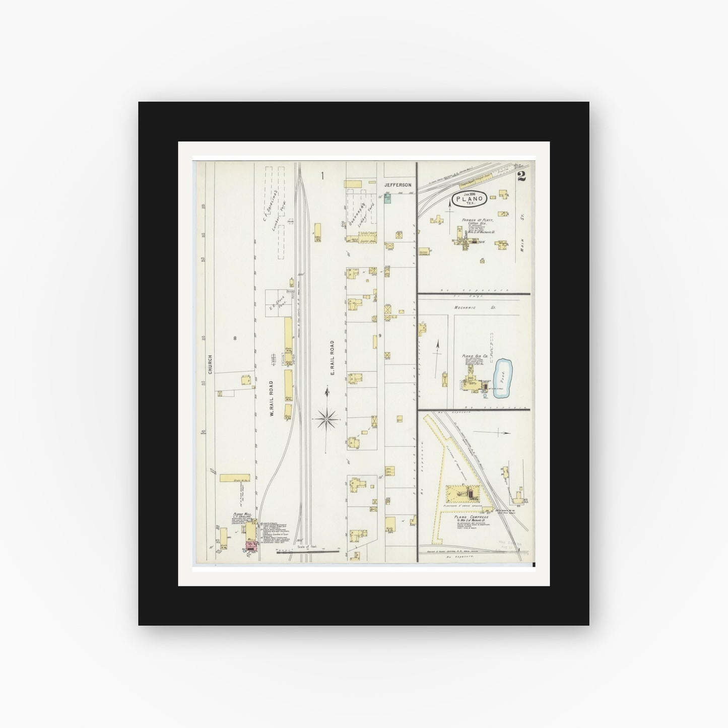 Old map wall art mockup — black gallery frame with white mat — Sanborn Fire Insurance Map from Plano, Collin County, Texas (1896), Sheet #0002