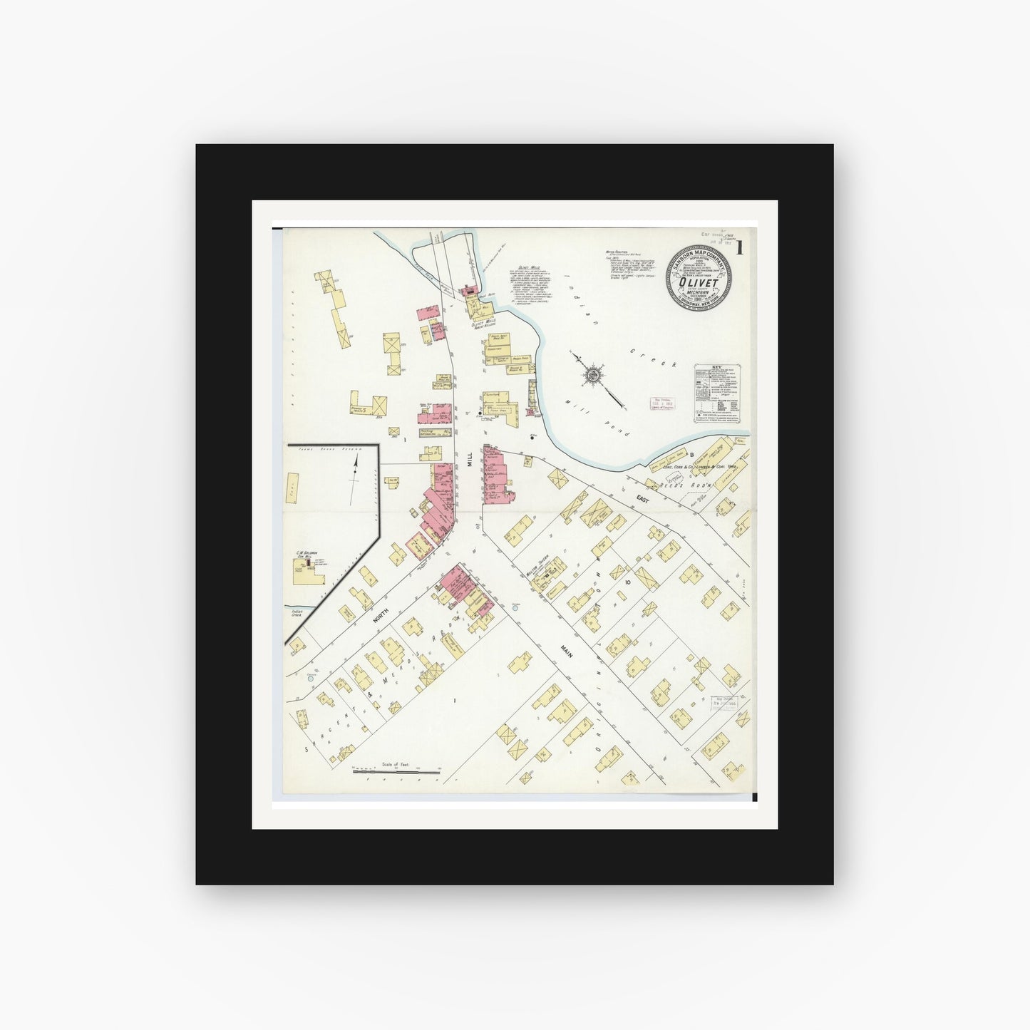 Old map wall art mockup — black gallery frame with white mat — Sanborn Fire Insurance Map from Olivet, Eaton County, Michigan (1911) - Complete Map Set
