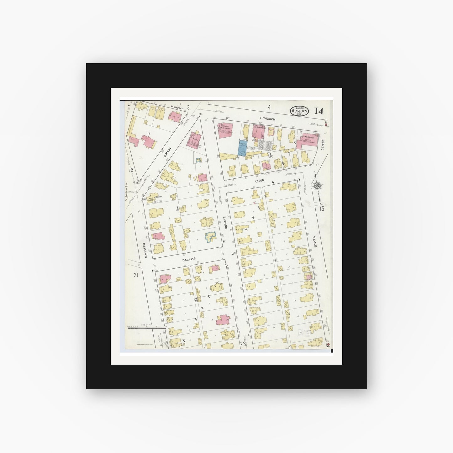 Old map wall art mockup — black gallery frame with white mat — Sanborn Fire Insurance Map from Adrian, Lenawee County, Michigan (1916), Sheet #0014