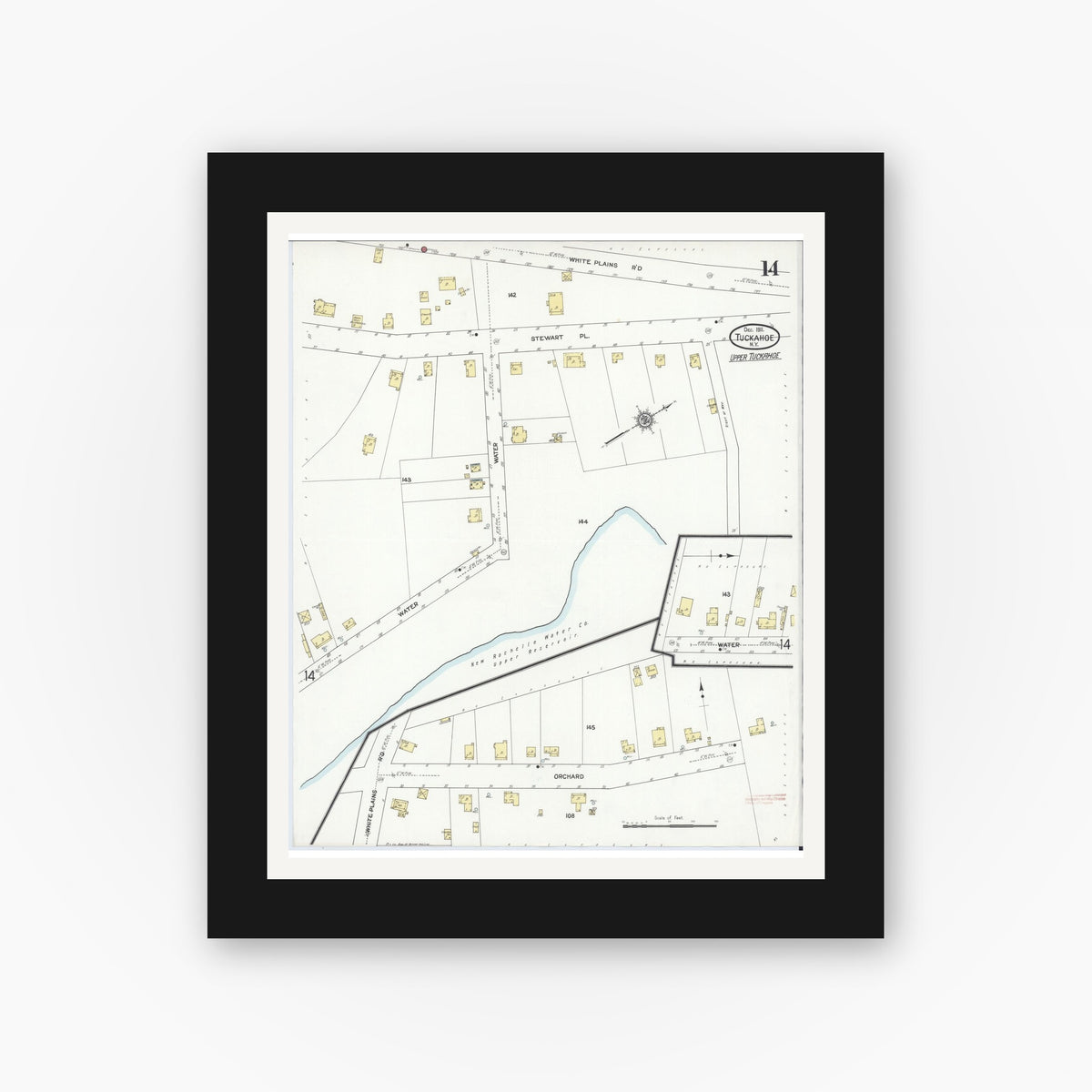 Old map wall art mockup — black gallery frame with white mat — Sanborn Fire Insurance Map from Tuckahoe, Westchester County, New York (1911), Sheet #0014