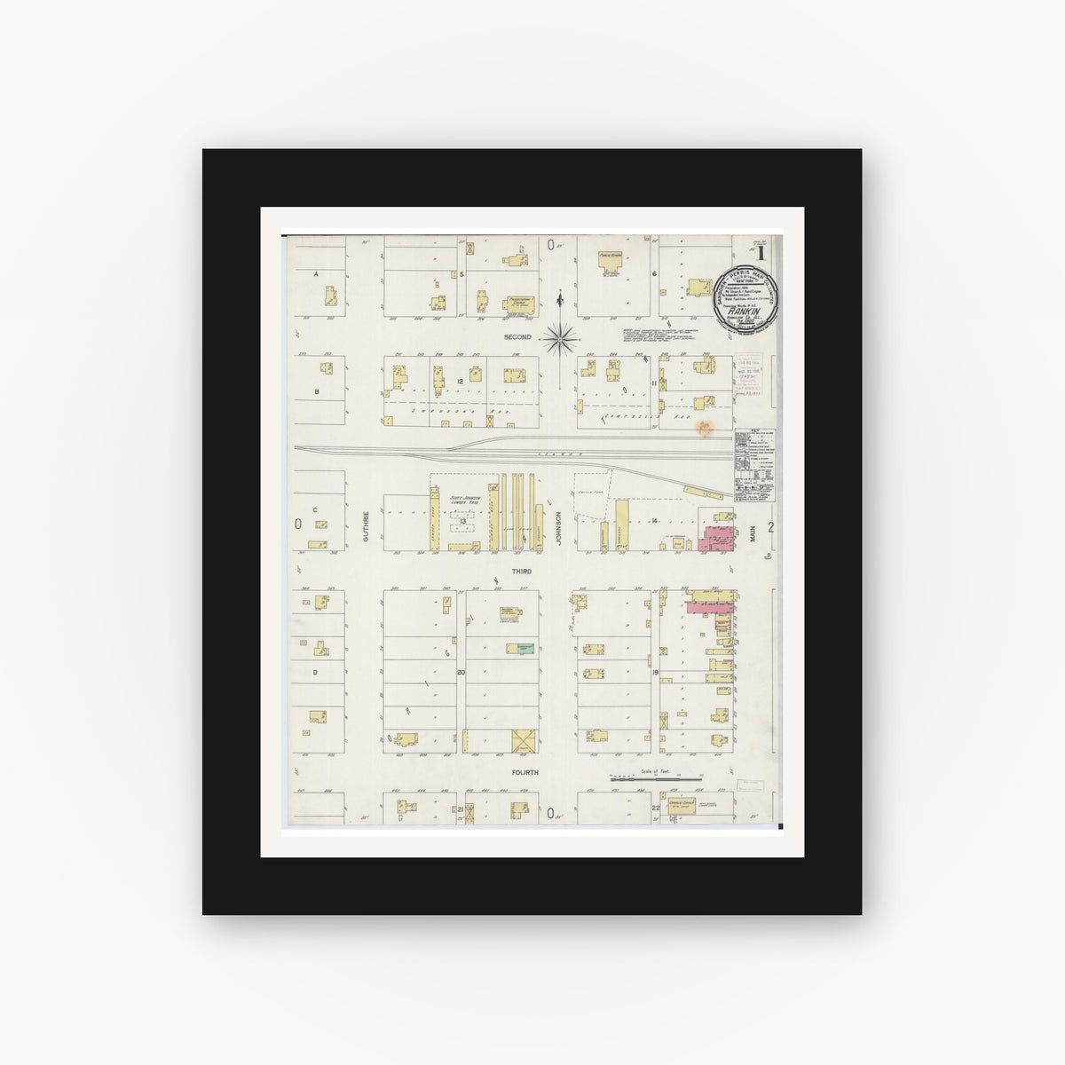 Old map wall art mockup — black gallery frame with white mat — Sanborn Fire Insurance Map from Rankin, Vermilion County, Illinois (1900), Sheet #0001