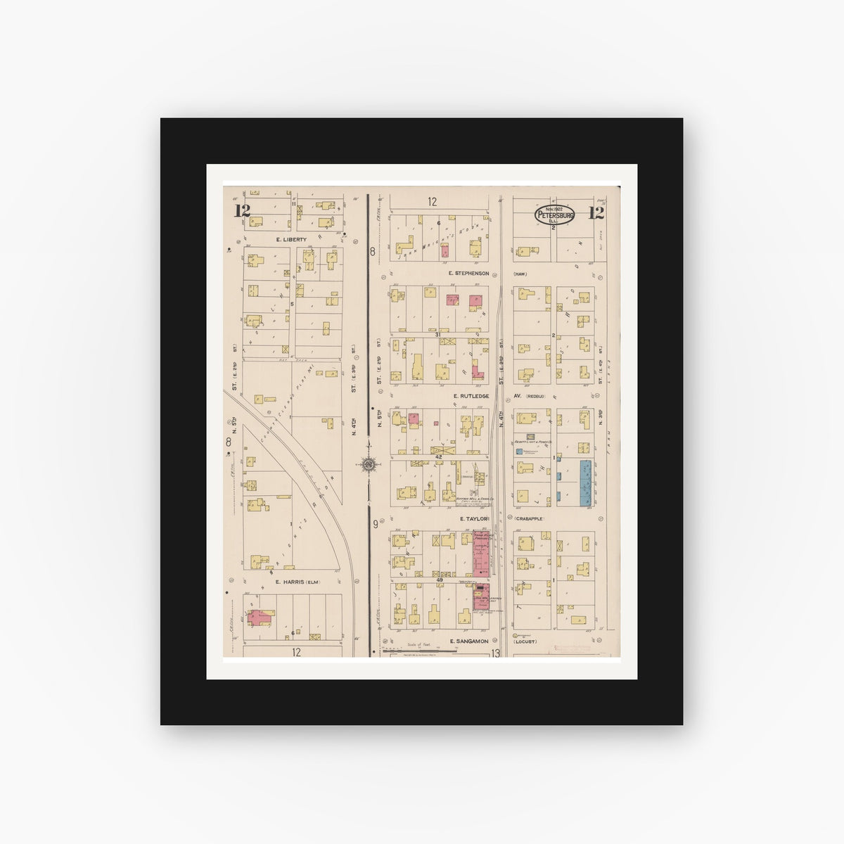 Old map wall art mockup — black gallery frame with white mat — Sanborn Fire Insurance Map from Petersburg, Menard County, Illinois (1922), Sheet #0012