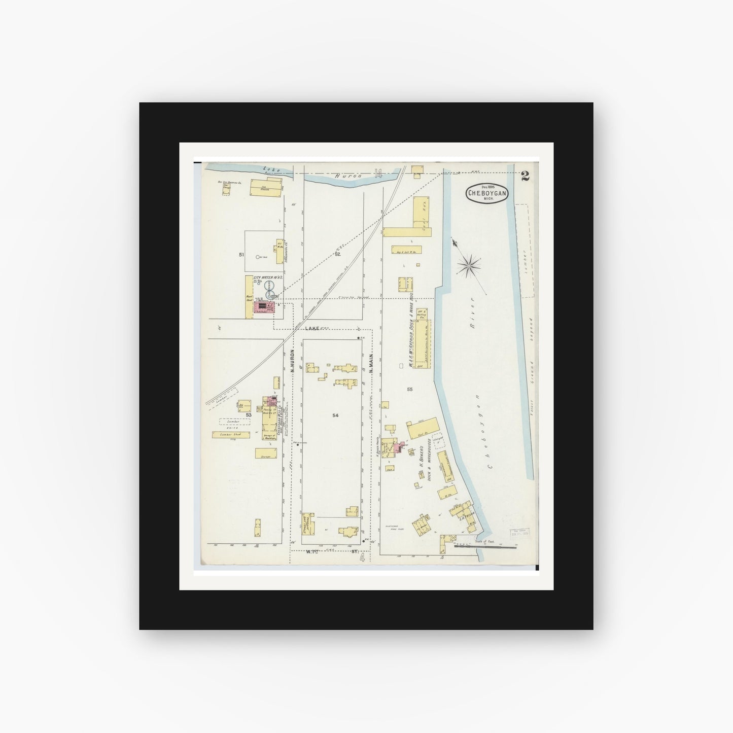 Old map wall art mockup — black gallery frame with white mat — Sanborn Fire Insurance Map from Cheboygan, Cheboygan County, Michigan (1895), Sheet #0002
