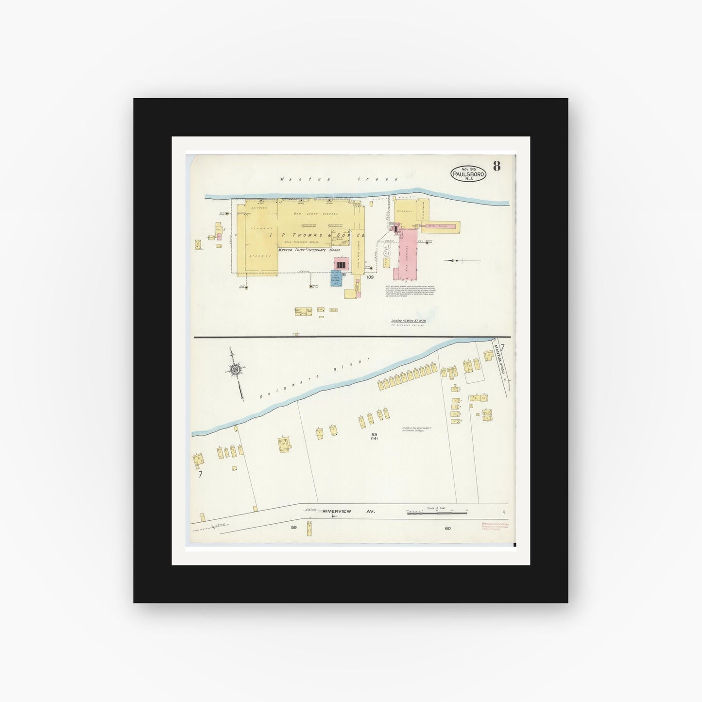 Old map wall art mockup — black gallery frame with white mat — Sanborn Fire Insurance Map from Paulsboro, Gloucester County, New Jersey (1915), Sheet #0008