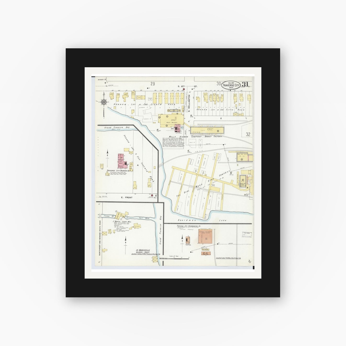 Old map wall art mockup — black gallery frame with white mat — Sanborn Fire Insurance Map from Traverse City, Grand Traverse County, Michigan (1910), Sheet #0031