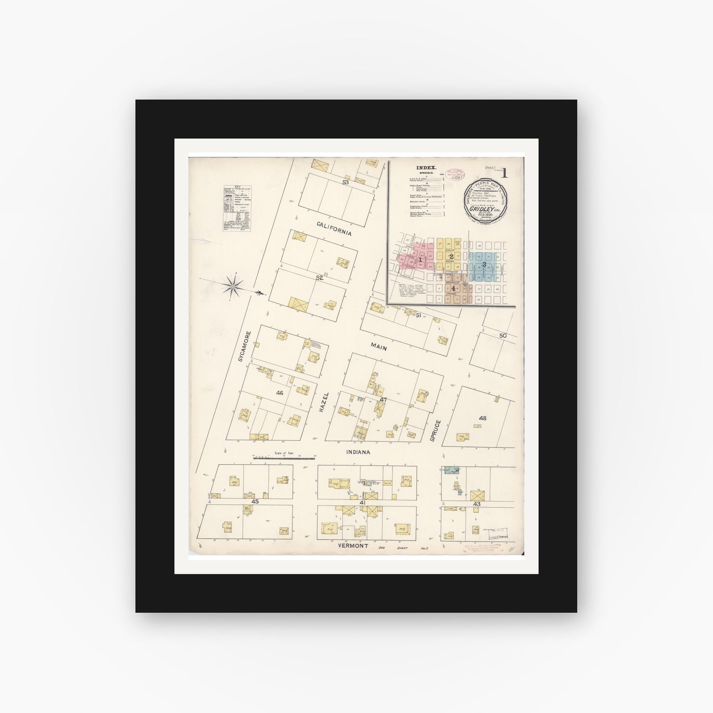 Old map wall art mockup — black gallery frame with white mat — Sanborn Fire Insurance Map from Gridley, Butte County, California (1890) - Complete Map Set