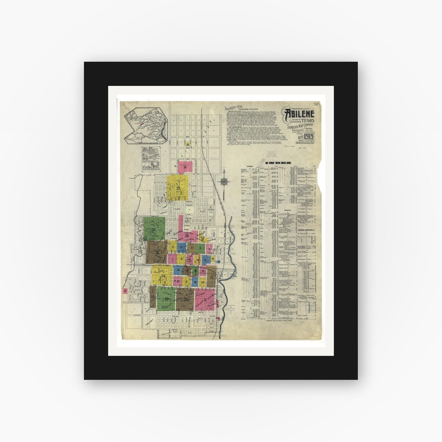 Old map wall art mockup — black gallery frame with white mat — Sanborn Fire Insurance Map from Abilene, Taylor County, Texas (1919), Sheet #0001