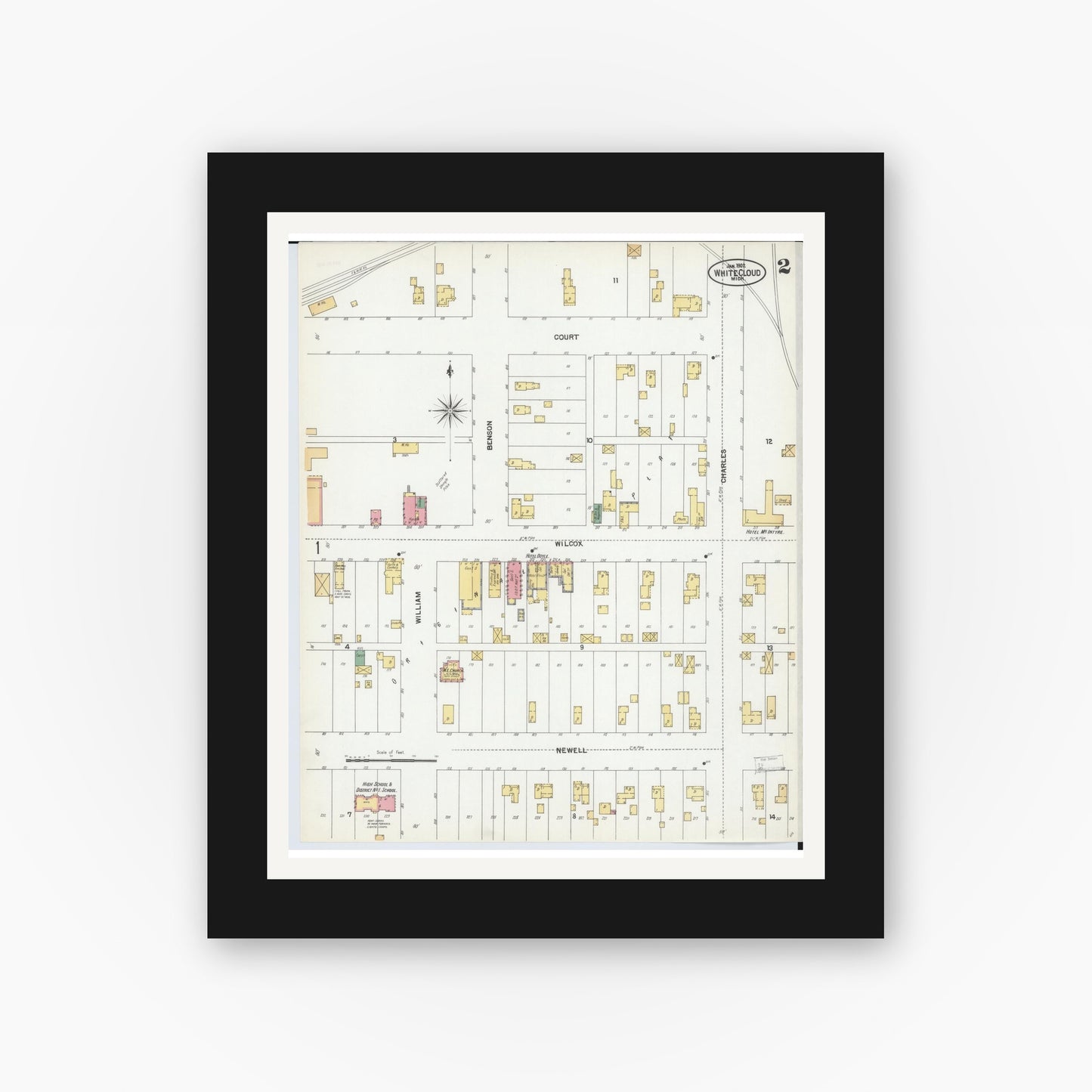 Old map wall art mockup — black gallery frame with white mat — Sanborn Fire Insurance Map from White Cloud, Newaygo County, Michigan (1902), Sheet #0002