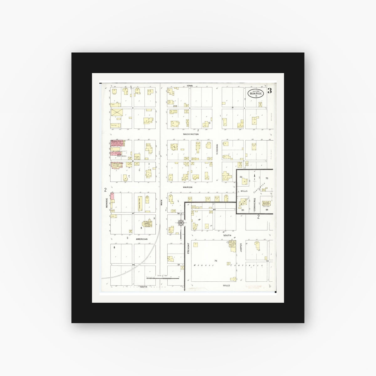 Old map wall art mockup — black gallery frame with white mat — Sanborn Fire Insurance Map from Monroe, Jasper County, Iowa (1911), Sheet #0003