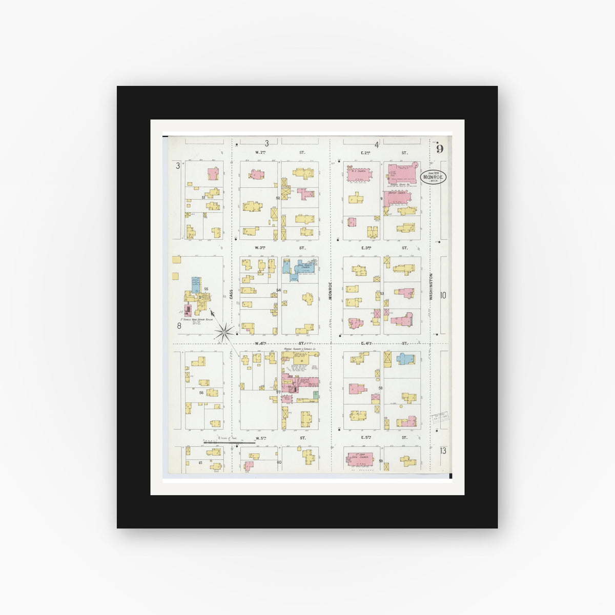 Old map wall art mockup — black gallery frame with white mat — Sanborn Fire Insurance Map from Monroe, Monroe County, Michigan (1899), Sheet #0009