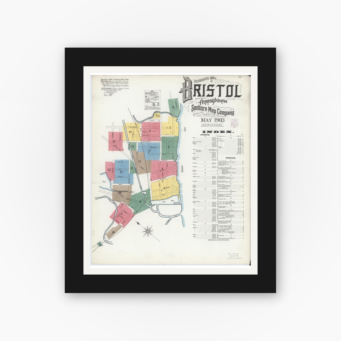 Old map wall art mockup — black gallery frame with white mat — Sanborn Fire Insurance Map from Bristol, Bucks County, Pennsylvania (1903), Sheet #0001