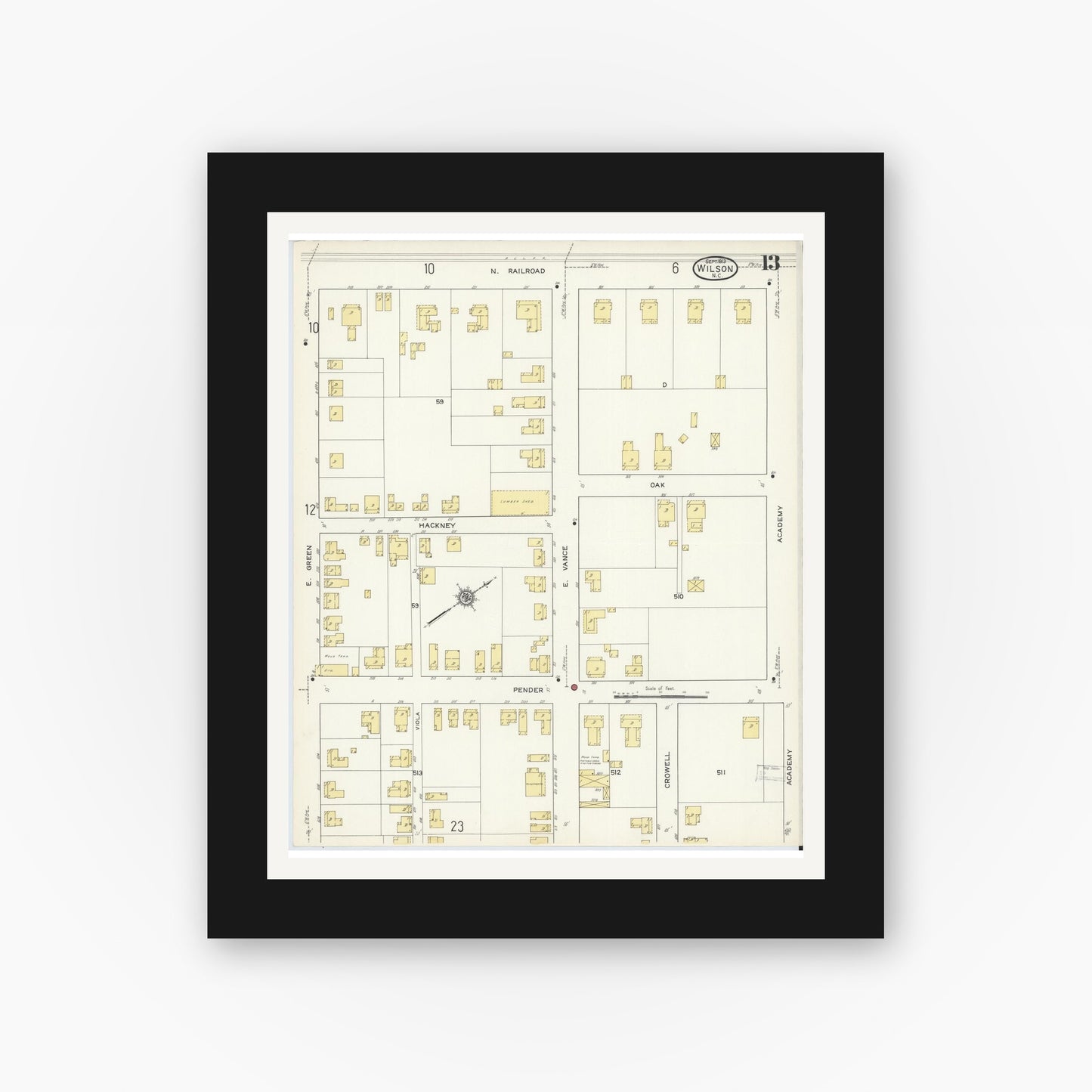 Old map wall art mockup — black gallery frame with white mat — Sanborn Fire Insurance Map from Wilson, Wilson County, North Carolina (1913), Sheet #0013